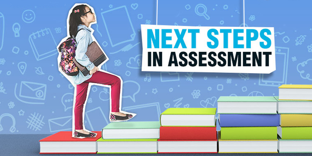 Next Steps in assessment, child climbs steps made of books